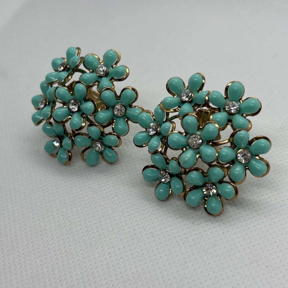 Vintage 50-60s Floral Cluster Clip On Earrings with Clear Rhinestones Turquoise - Picture 2 of 5